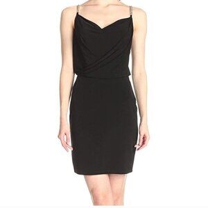 Calvin Klein Black Draped Front Thick Gold Chain Straps Dress Size 14